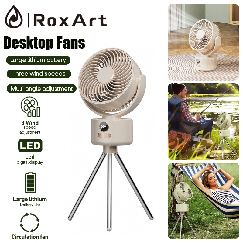Roxart พัดลมตั้งโต๊ะ พัดลมแคมปิ้ แบตเตอรี่ความจุสูง 3600mAh พัดลมเล็กต้ังโต๊ะ USB ลมแรง3เท่า
