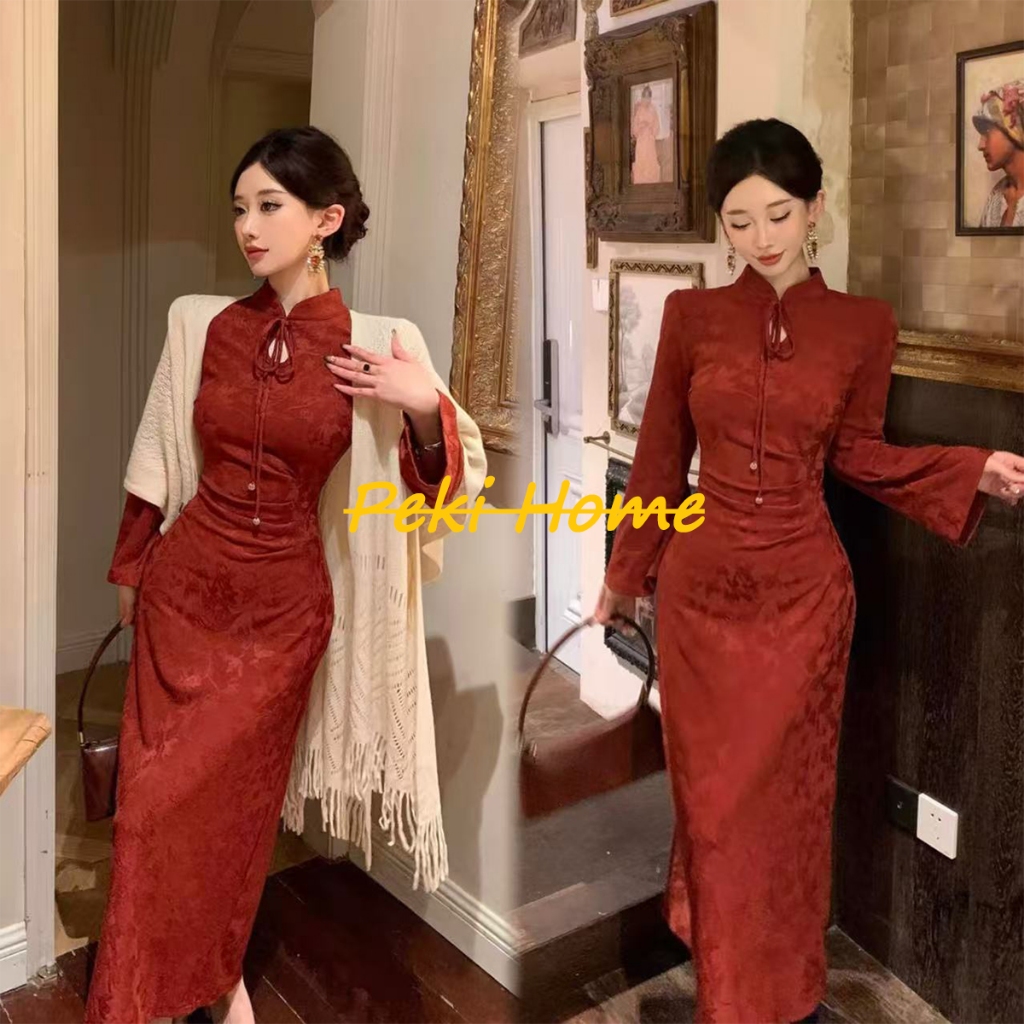 ชุดกี่เพ้าสีไวน์แดงดีไซน์ย้อนยุค สไตล์จีนใหม่ล่าสุด