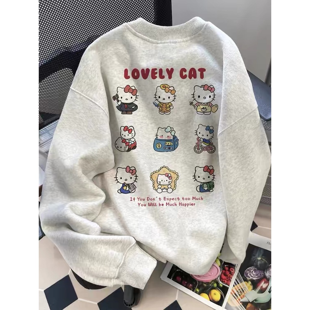 (จัดส่งตลอด 24 ชั่วโมง）เสื้อสเวตเตอร์คอกลม Hello Kitty น่ารักสำหรับผู้หญิง เสื้อสไตล์วิทยาลัยลดอายุหวานและต่างประเทศ