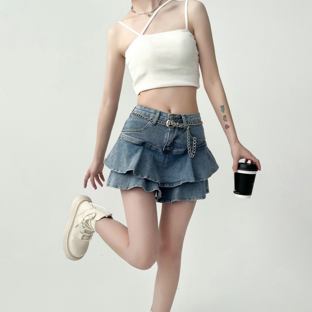 XS-4XL กระโปรงกางเกงยีนส์ สไตล์สาว Y2Kกระโปรงยีนส์แต่งระบายสองชั้น กระโปรงยีนส์สไตล์เกาหลี ผ้านุ่ม กางเกงขาสั้นเข้ารูป C - รูปที่ 4