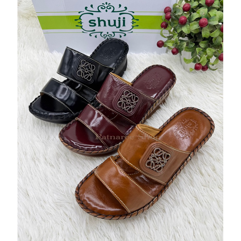 ⭐️พร้อมส่ง⭐️Shuji รุ่น 2098-64 รองเท้าหนังแท้เพื่อสุขภาพ แบบแตะสวม Size 35-41