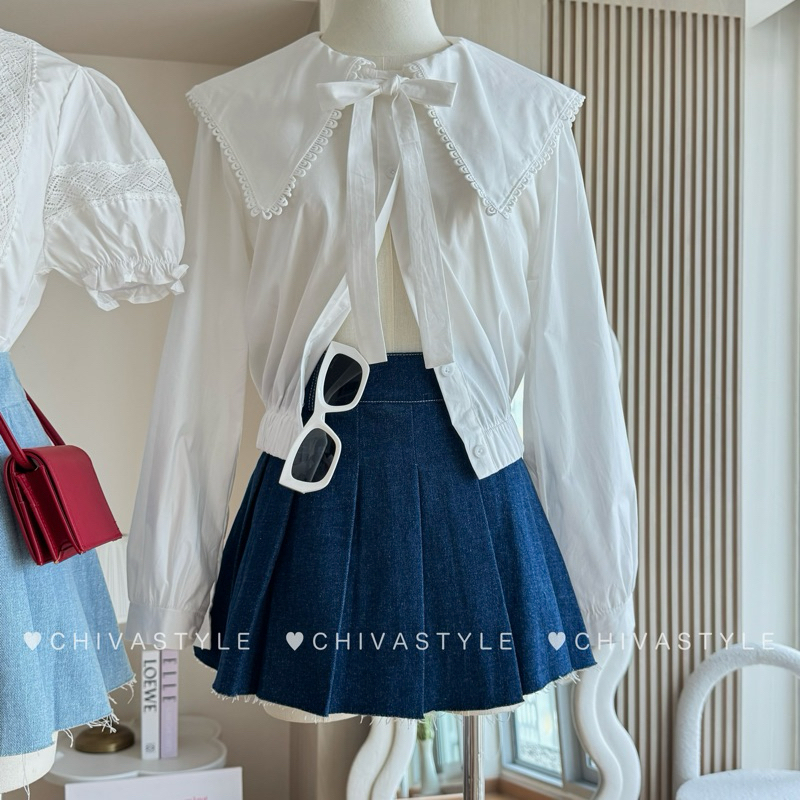 -𝐂𝐡𝐢𝐯𝐚- พร้อมส่ง เสื้อคอปกใหญ่ไตล์เกาหลี โบว์ผูกแยก