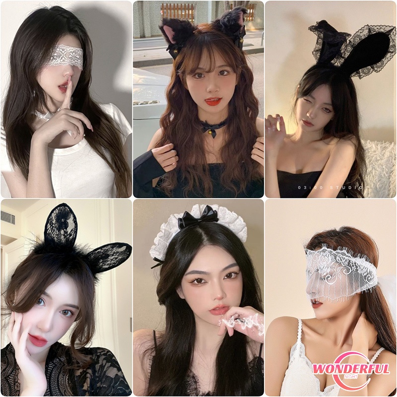 Wonderful Night💗💗ที่คาดผมหูแมว cosplay หน้ากากตาลูกไม้ หน้ากากปาร์ตี้ เครื่องประดับผมที่ทันสมัย ปลอกคอพร้อมกระดิ่ง