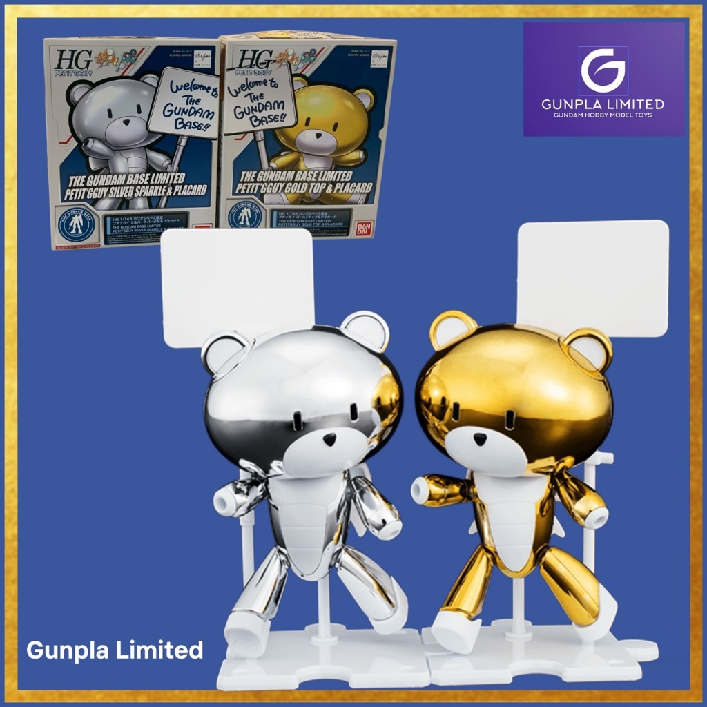 THE GUNDAM BASE LIMITED PETIT'GGUY GOLD TOP &PLACARD + SILVER SPARKLE & PLACARD
