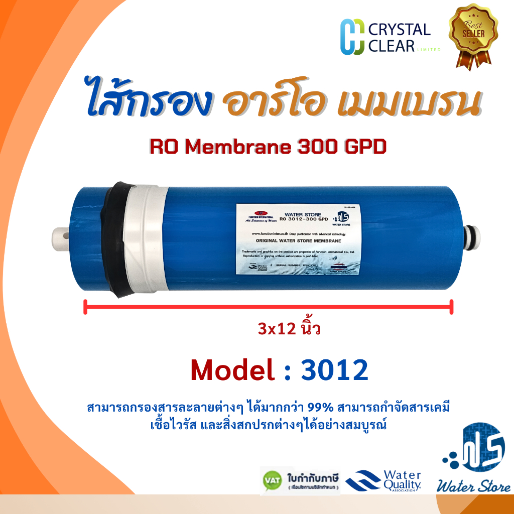 ไส้กรอง อาร์โอ เมมเบรน 300 GPD 3x12 นิ้ว WATER STORE  RO MEMBRANE Model:3012 กรองฝุ่น กรองละเอียด