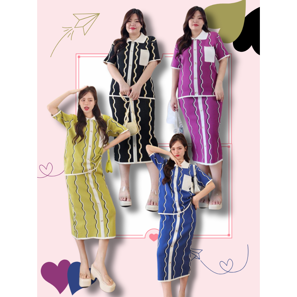 POP UP ชุดเซ็ตไหมพรม ลายเส้นสไตล์โมเดิร์น ประกอบด้วยเสื้อไหมพรมคอปกและกระโปรงยาวเข้าชุด ใส่ได้ตั้งแต่ไซส์ S ถึง XL