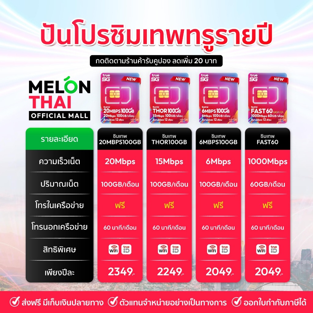 SIM TRUE ส่งฟรี ซิมเทพ เน็ตปริมาณคุ้มค่า โทรฟรีทุกค่าย เลือกโปรได้ ซิมรายปี Sim Net ซิมเน็ตรายปี ออก