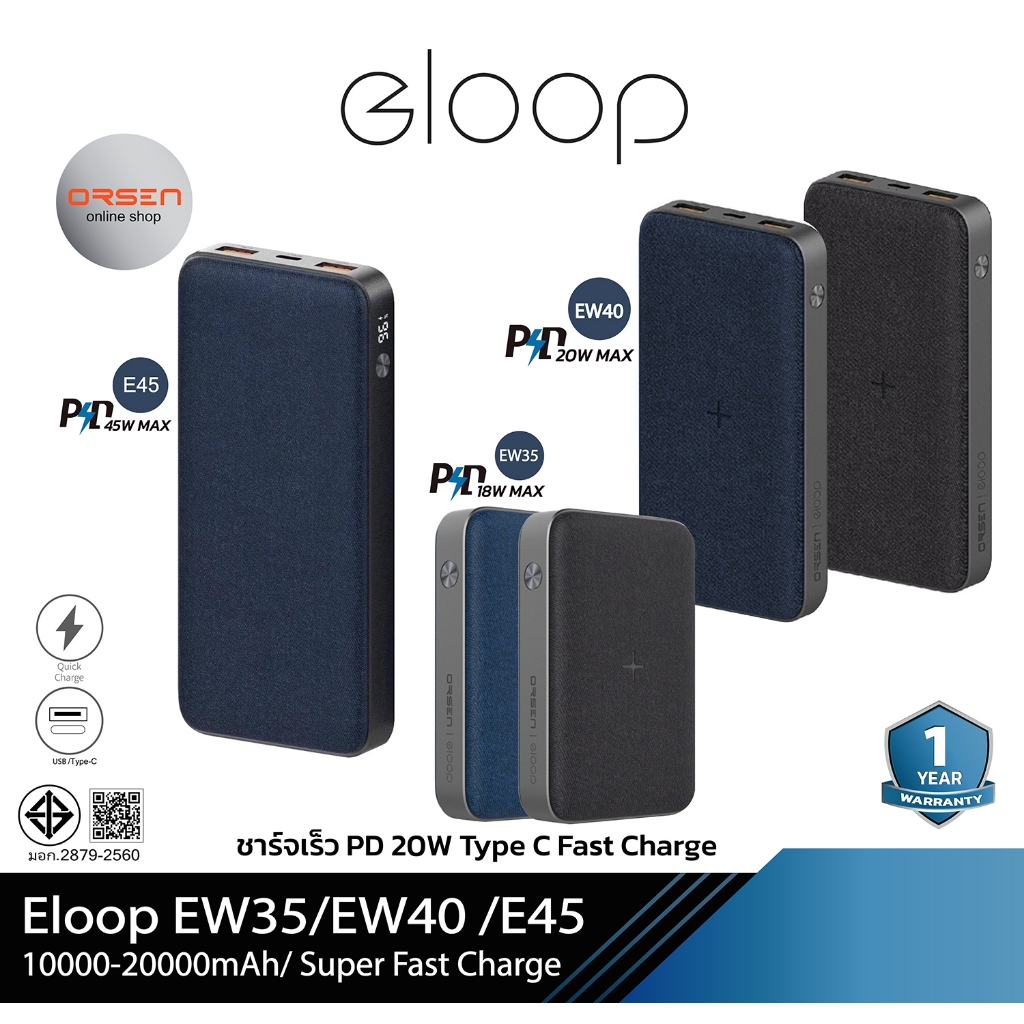 Eloop By Orsen EW35 10000mAh EW40 E45 20000mah แบตสำรองชาร์จไร้สาย QC3.0 PD 20W 45W Power Bank