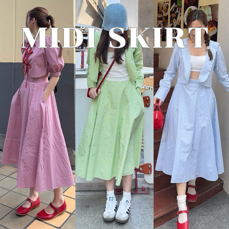 Midi skirt gingham กระโปรงลายตารางเล็กตกแต่งโลหะตัวอักษร (เฉพาะกระโปรง)