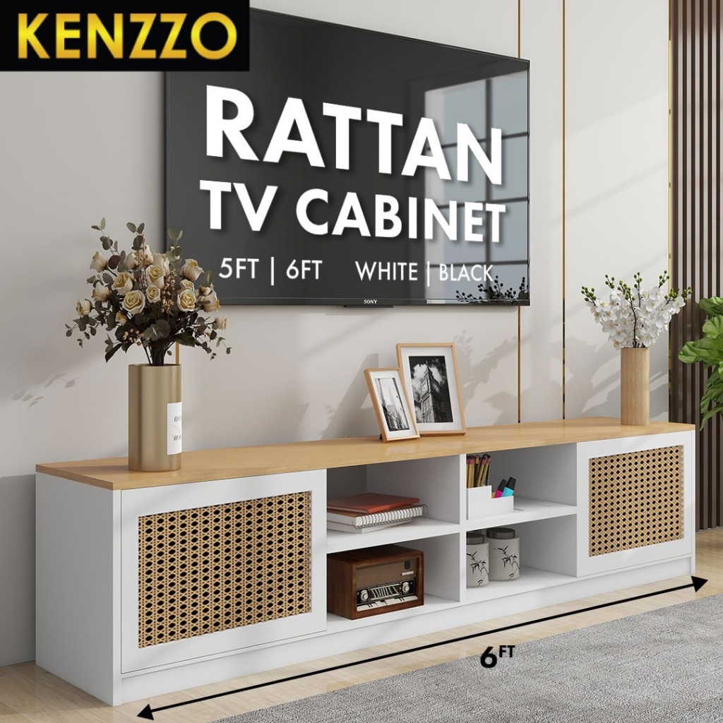 สินค้ามาใหม่🔥KENZZO: ชั้นวางทีวี ตู้ทีวี สไตล์ Minimal เรียบหรู เหมาะสำหรับห้องนั่งเล่น Rattan TV Cabinet