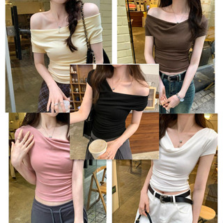 388 เสื้อยืดแขนสั้น เสื้อเปิดไหล่  5สี4ไซส์ เสื้อครอปสำหลัผู…