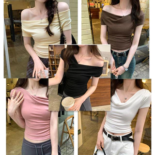 388 เสื้อยืดแขนสั้น เสื้อเปิดไหล่ 5สี4ไซส์ เสื้อครอปสำหลัผู้หญิง ปาดไหล่ สไตล์เกาหลี