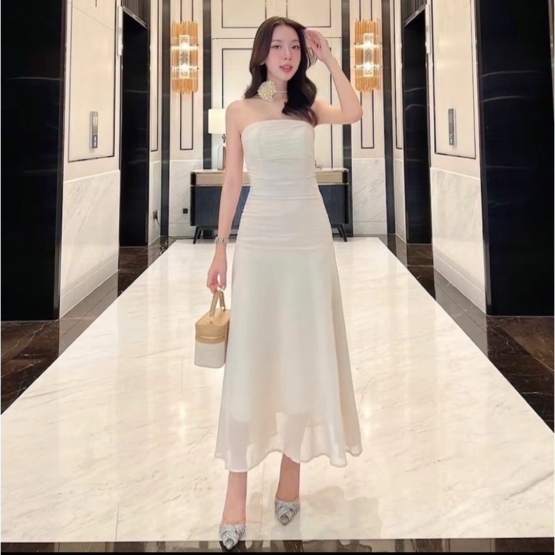 Venice Naughty Dress สีครีม ชุดชีฟองเข้ารูปกระโปรงบานสวยสง่า เพื่อนเจ้าสาว ออกงาน