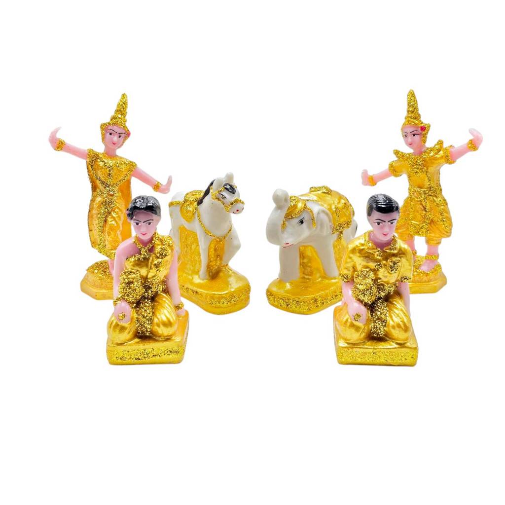 ชุดสุดคุ้ม! ชุดเครื่องตั้งศาลสีทองประกายเพชร บริวารครบชุด ช้างม้า 1 คู่ ชายหญิง 1 ตู่ นางรำ 1 คู่ [บริวารศาลครบชุด ทอง S