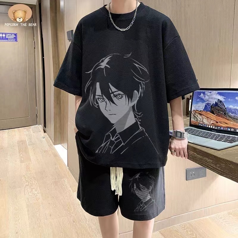 ชุดสูทผู้ชายสไตล์ญี่ปุ่น ผ้าวาฟเฟิล แขนสั้น + กางเกงขาสั้น ชุดทูพีซแฟชั่น