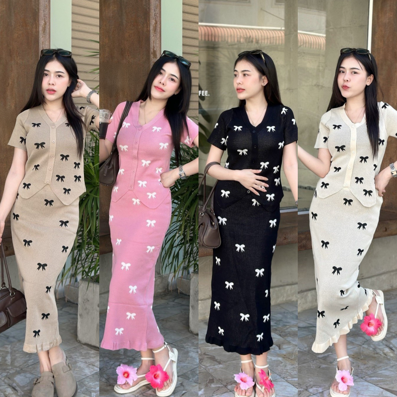 🌈SpinnyHouse🌈ชุดเซ็ต2ชิ้น เสื้อคอวีแต่งกระดุม + กระโปรงยาว ผ้าไหมพรมยืดเยอะมาก 💖เรียบหรูดูแพง พร้อมส่ง รุ่น ปาร์ตี้