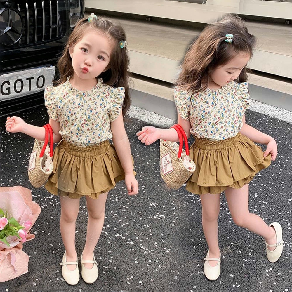 ชุดเซ็ตเด็กผู้หญิง 2-12 ปี เสื้อ+กระโปรงกางเกง (ผ้าฝ้าย ใส่สบาย) สีเหลือง