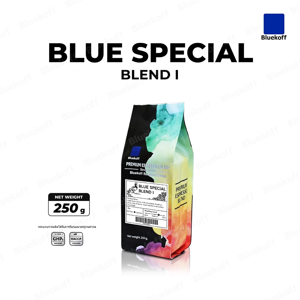 Bluekoff เมล็ดกาแฟเบลนด์ Blue Special Blend Arabica 100% (Medium - Dark Roast) (1 ถุง บรรจุ 250 กรัม)
