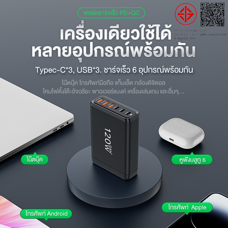 BASIKE 6 in 1 หัวชาร์จแบบชาร์จเร็ว 6 พอร์ต PD 120W ชาร์จเร็ว 6 พอร์ต Charger 3Type-C 3USB adapter fast charge อแดปเตอร - รูปที่ 3