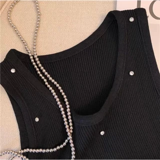 (พร้อมส่ง/ใหม่#80001-1) เสื้อสายเดี่ยวแขนกุดผ้าถัก เสื้อสตรีไหมพรม เสื้อกล้ามผู้หญิงประดับเพชรเก๋ไก๋สไตล์เกาหลี