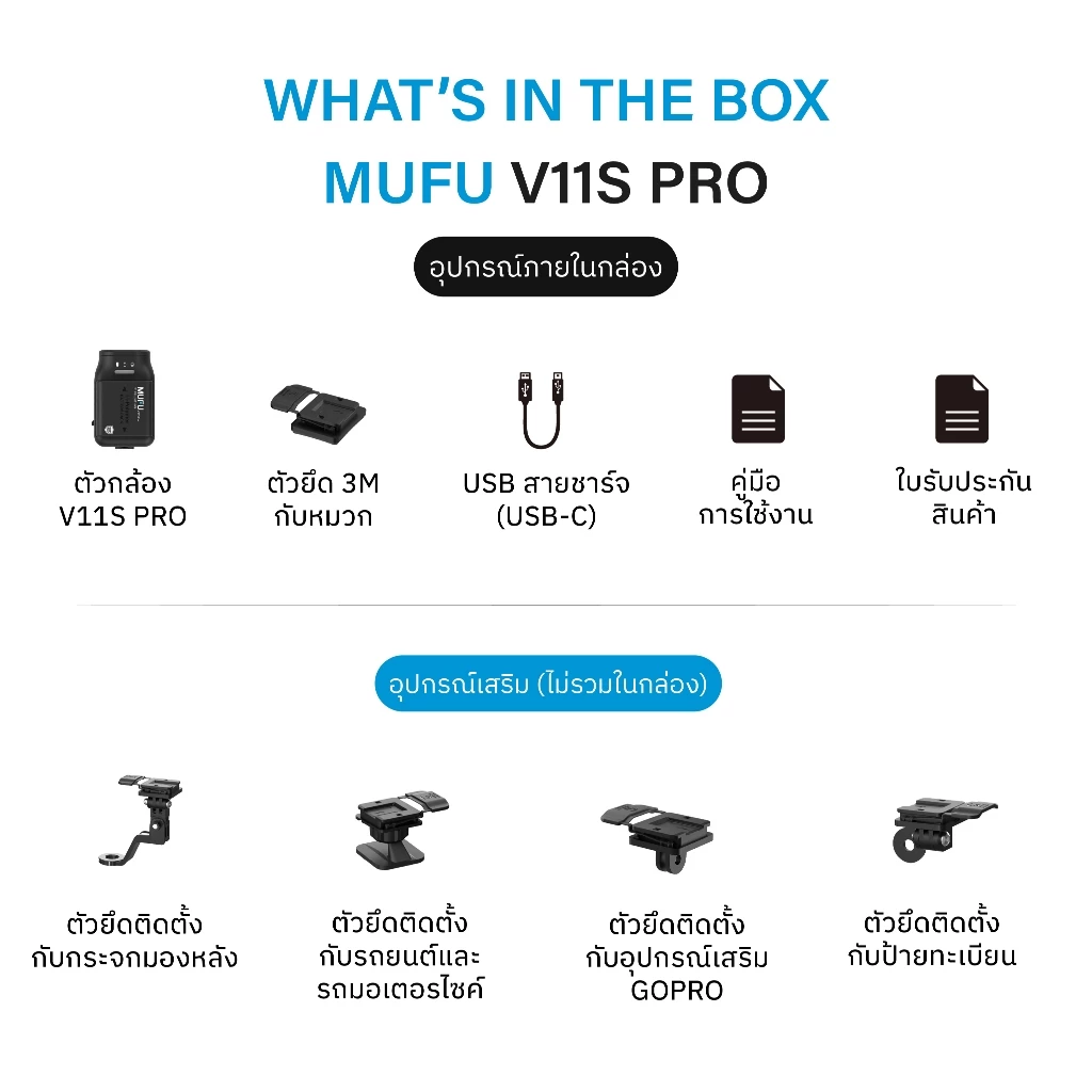 MUFU V11S PRO กล้องติดหมวกกันน็อก ใช้งานต่อเนื่อง15ชม  กล้องติดรถยนต์ กันน้ำ IP66 Wifi 1080P รับประกันสินค้า1ปี thumbnail 8