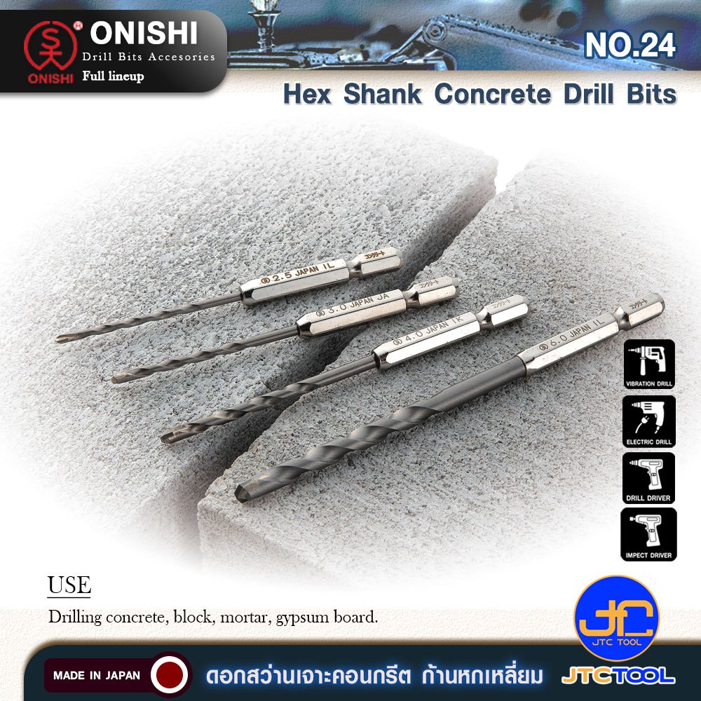 ONISHI ดอกสว่านเจาะคอนกรีต No.24 ก้านหกเหลี่ยม - Hex Shank Concrete Drill Bits No.24