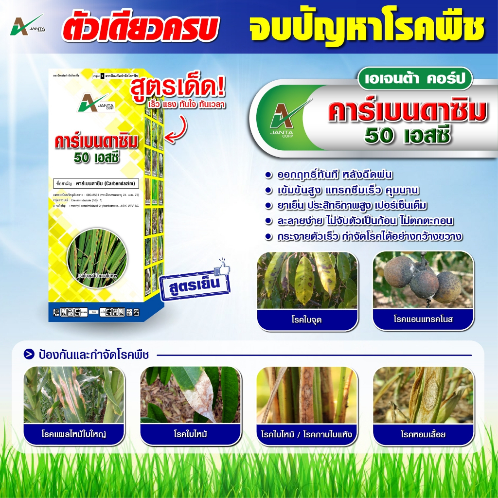 คาร์เบนดาซิม (carbendazim) 50% สูตรเย็น เอเจนต้า คอร์ป สารป้องกันกำจัดโรคพืช โรคกาบใบแห้ง โรครา โรคนาข้าว (1ลิตร)