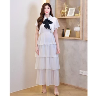 เดรสยาวผ้าซีฟองคอปกแขนระบายโบว์หน้าแต่งระบายชั้นๆซิปหลังพร้อมสายผูกเอว A5722