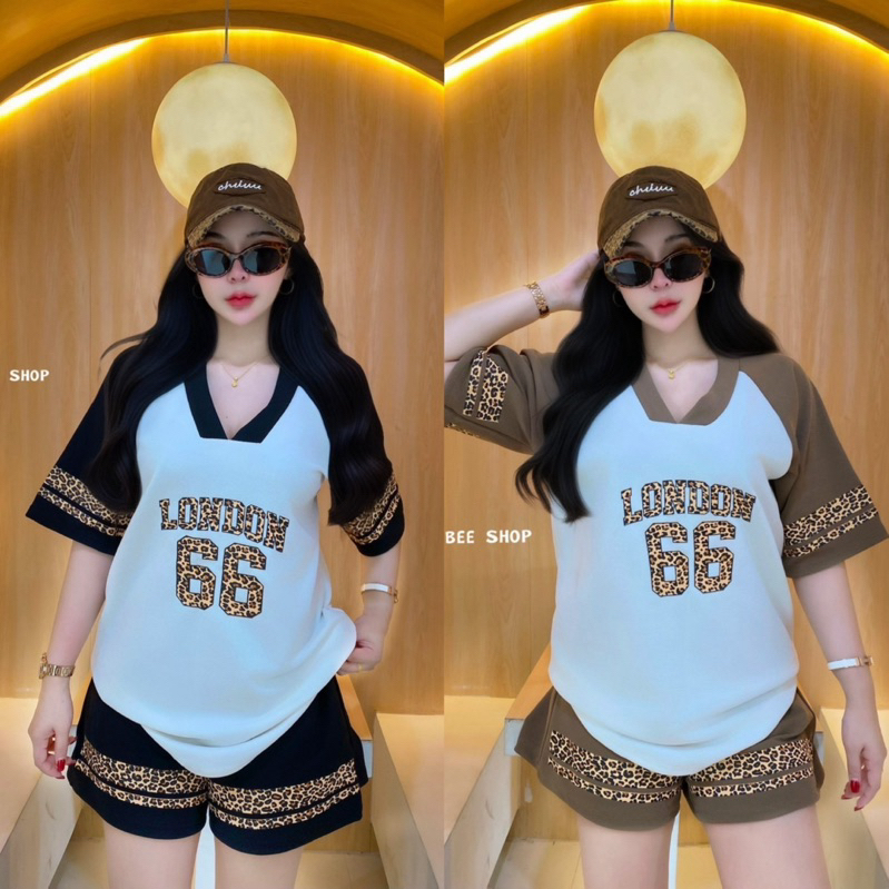 D19 ชุดเซ็ทเสื้อคอวี+กางเกงขาสั้น ผ้าวูฟเวฟ