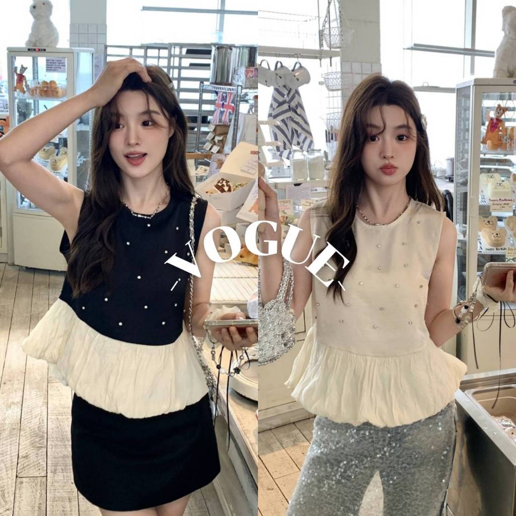 Vogue🌟พร้อมส่ง🌟 เสื้อกล้ามไหมพรม คอกลม ดีเทลแต่งปลายสีครีม (R27-1)