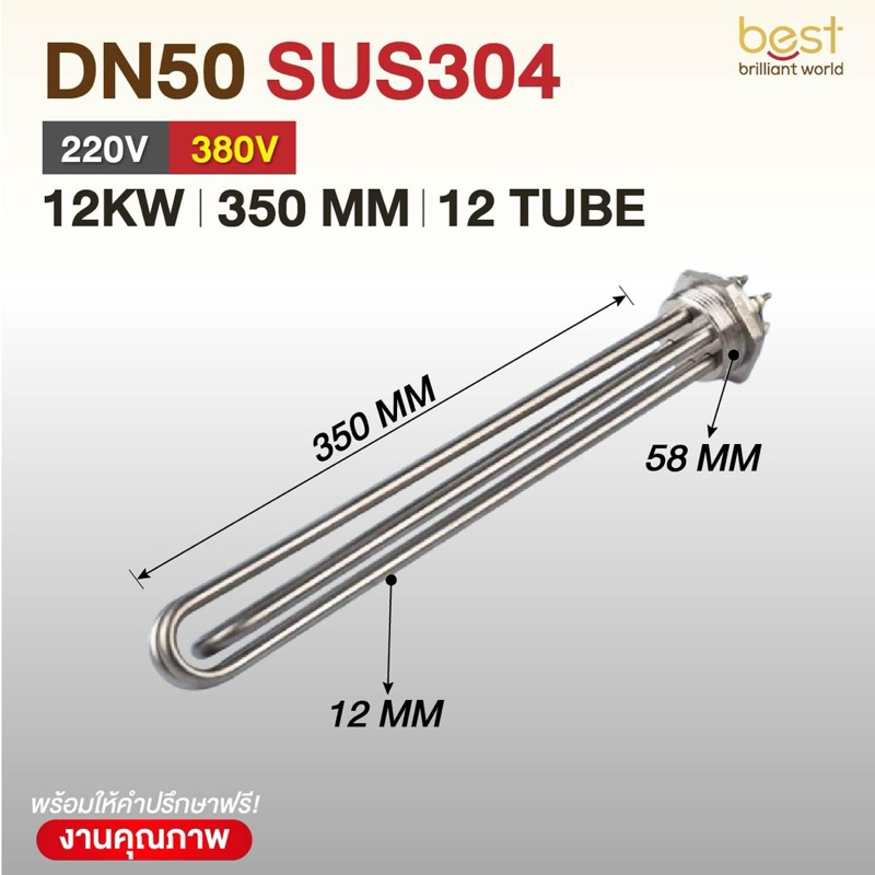 ฮีตเตอร์ต้มน้ำ/ฮีตเตอร์จุ่ม (Immersion Heater) SUS304 12KW 220/380V DN50 (ยาว 350mm)