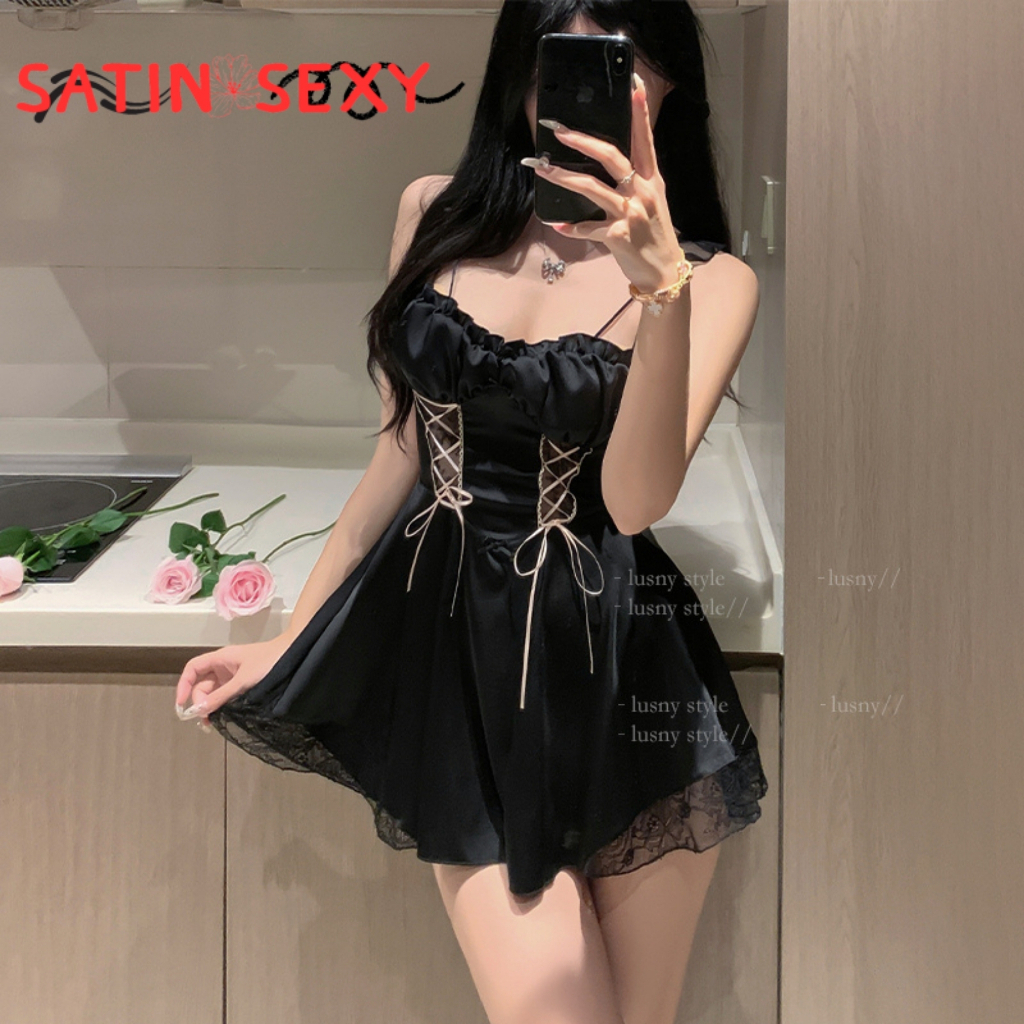 SATIN SEXY ชุดนอนคุณหนูเกาหลี ชุดนอนผ้าซาตินมีฟองน้ำ ชุดนอนเดรสกระโปรง 🎀ไซต์ M-5XL นน 40-100 KG โชว์หลังแซ่บๆ S-636