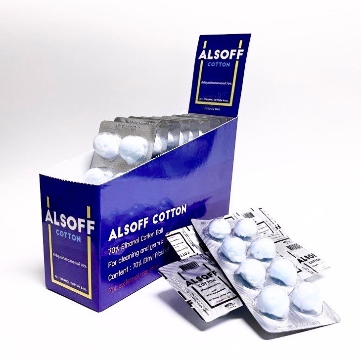 (ยกกล่อง 12 แผง) ALSOFF COTTON สำลีชุบเอทิลแอลกอฮอล์ 70% v/v