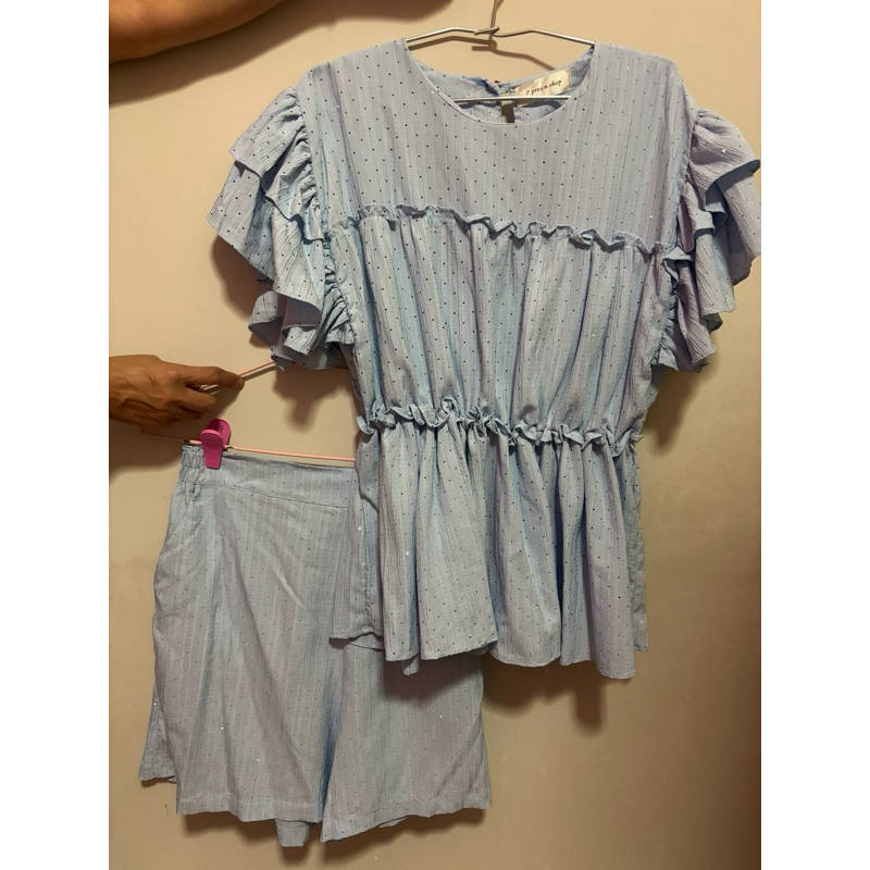 ชุดเซ็ตขาสั้นแขนกุดแขนระบายผ้าชีฟองมีกากเพชร เซ็ท2ชิ้นผ้าญี่ปุ่นp.pream shop เสื้อระบายขนมชั้น+กางเก