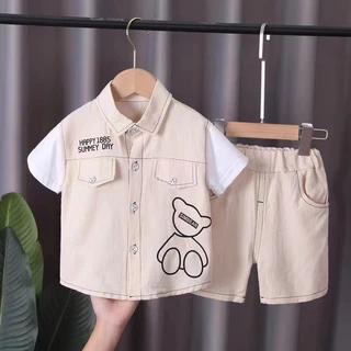 ชุดเซ็ทเด็ก แขนสั้นขาสั้น เสื้อเชิ้ตลายหมี
