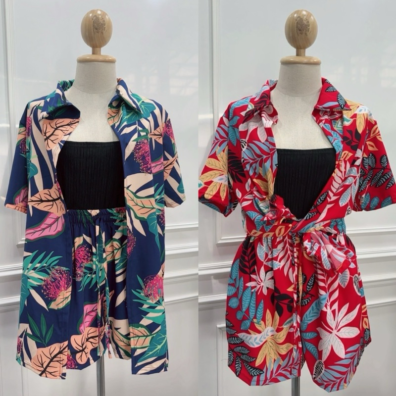 Set 3ชิ้น ชุดเซ็ทลายใบไม้ฮาวาย เสื้อคลุมคอปก+สายเดี่ยว+ขาสั้น