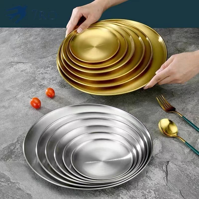 สีทอง และสีเงินอาหารเกาหลีจานสแตนเลสถาดรองน้ำตาลบาร์บีคิวแผ่นผลไม้ของหวาน