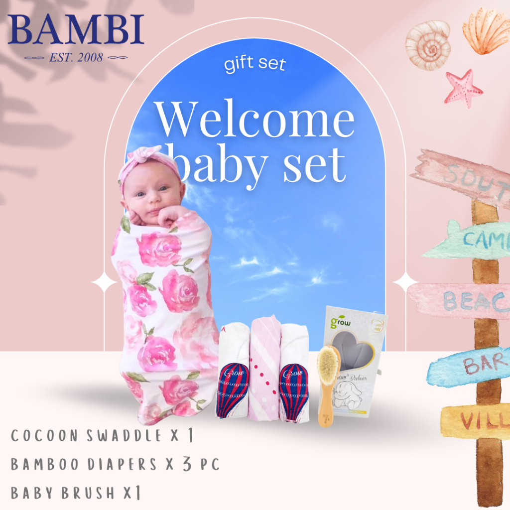 Bambi Garden  welcome baby set ชุดเซ็ทเเรกเกิดหนูน้อยผ้าห่อตัว หวี ผ้าอ้อม