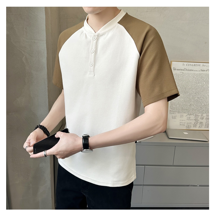 CLIFF เย็บแขนสีเสื้อยืดคอกลม เสื้อยืดแขนสั้นใส่สบายเรียบง่าย ทรงหลวม unisex เสื้อผ้าคู่ - รูปที่ 4