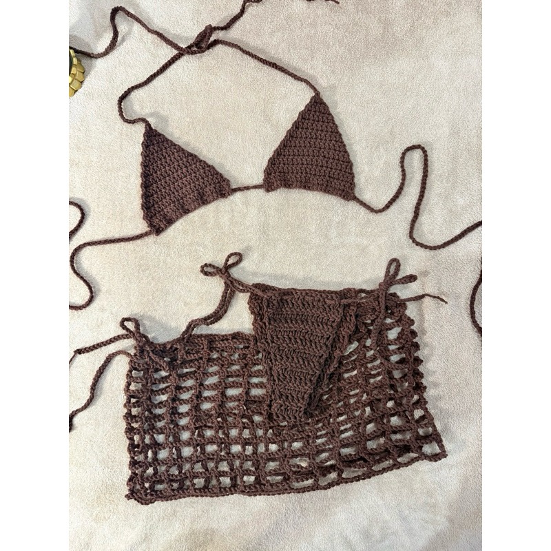 Bikini Crochet Sustom บิกินี่ชุดว่ายน้ำไหมพรมจิ๋วๆ งานสั่งถักครบsetเสื้อ+กกน.+กระโปรง ตามอารมณ์