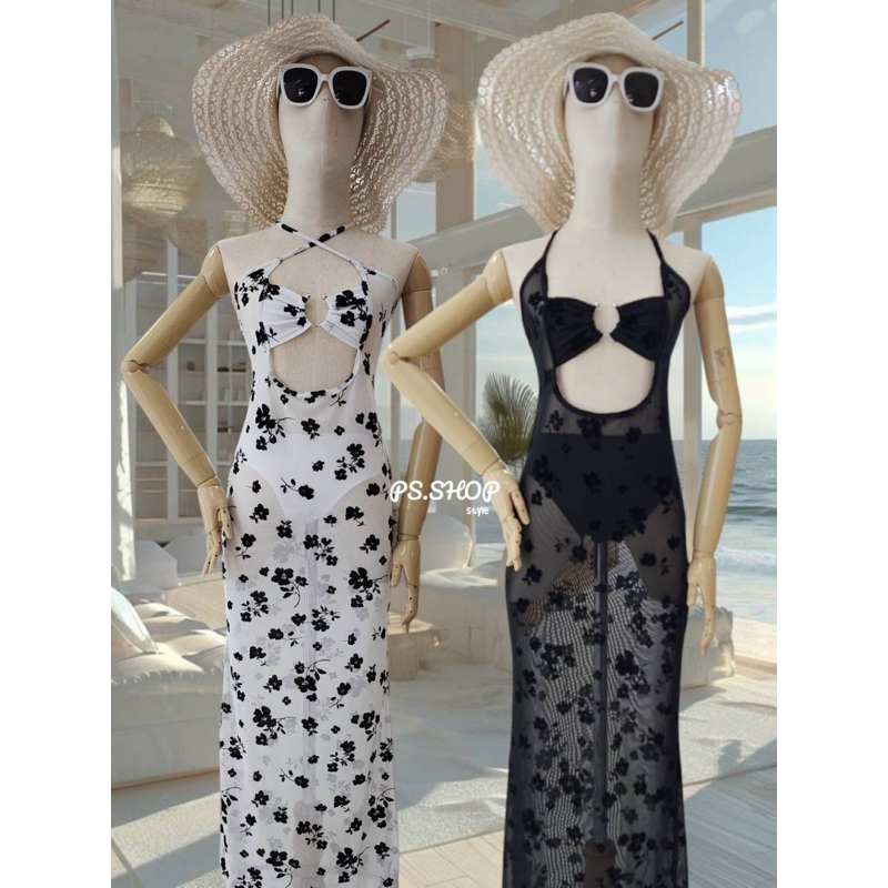 💸ร้านบุกบุ๊ยยย💸 set เดรสสายเดี่ยวผ้าซีทรูพิมพ์ลาย เนื้อกำมะหยี่ ผ้ายืดเยอะ แต่งอะไหล่ เว้าอก งานเป๊ะ