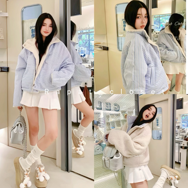 🌨️New Striped Fleece🌨️  R022 พร้อมส่ง เสื้อกันหนาวเสื้อโค้ท ใส่ได้2 ด้าน