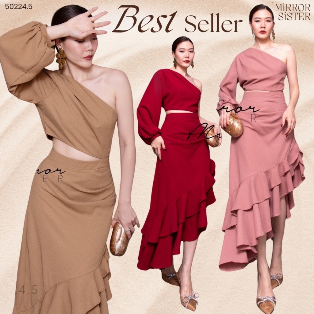 Mirrorsister 50224.5 เดรสไหล่เดียว ช่วงเอวเว้าเบาๆ ช่วงล่างกระโปรงทรงเฉียงแต่งชายระบาย2ชั้น เนื้อผ้าใส่สบาย