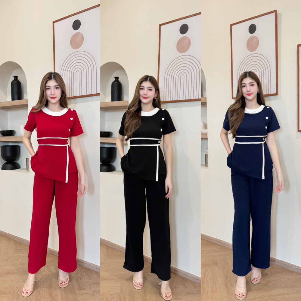 สินค้าพร้อมส่ง ชุดเซตยาวทรูโทนผ้าวูลเวฟ เสื้อทรงยาวแต่งสาบข้างแต่งกระดุมเอวแต่งกุ้นผ่าข้างสม็อคหลัง+กางเกงเอวเรียบสม็อคห