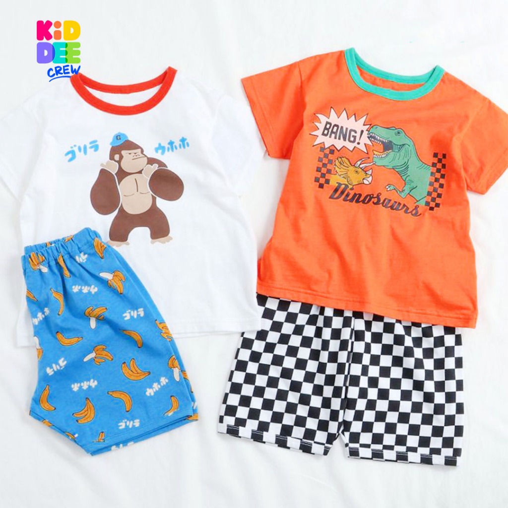 KiddeeCrew ชุดเซ็ทเด็กแขนขาสั้นผ้าcotton เสื้อเด็ก กางเกงเด็ก พิมพ์ลายสุดเท่ เหมาะอายุ 1 ปีถึง12 ปี