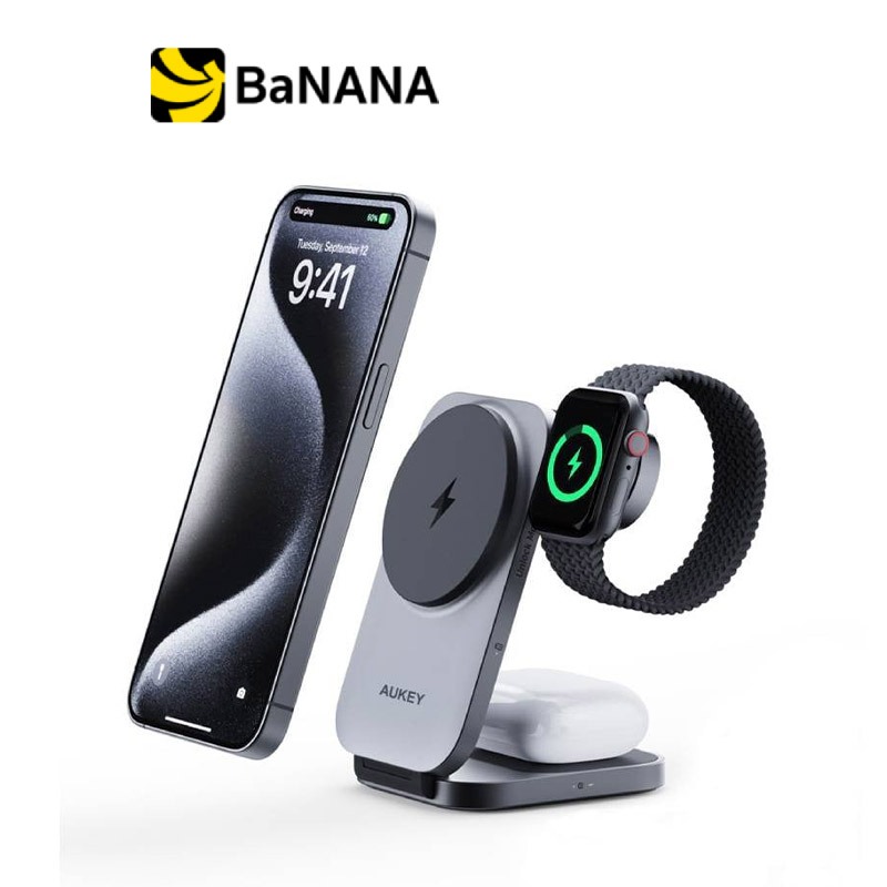 ที่ชาร์จไร้สาย AUKEY 3-in-1 Qi2 Foldable Magnetic Stand 15W + Wall USB Charger 1 USB-C by Banana IT