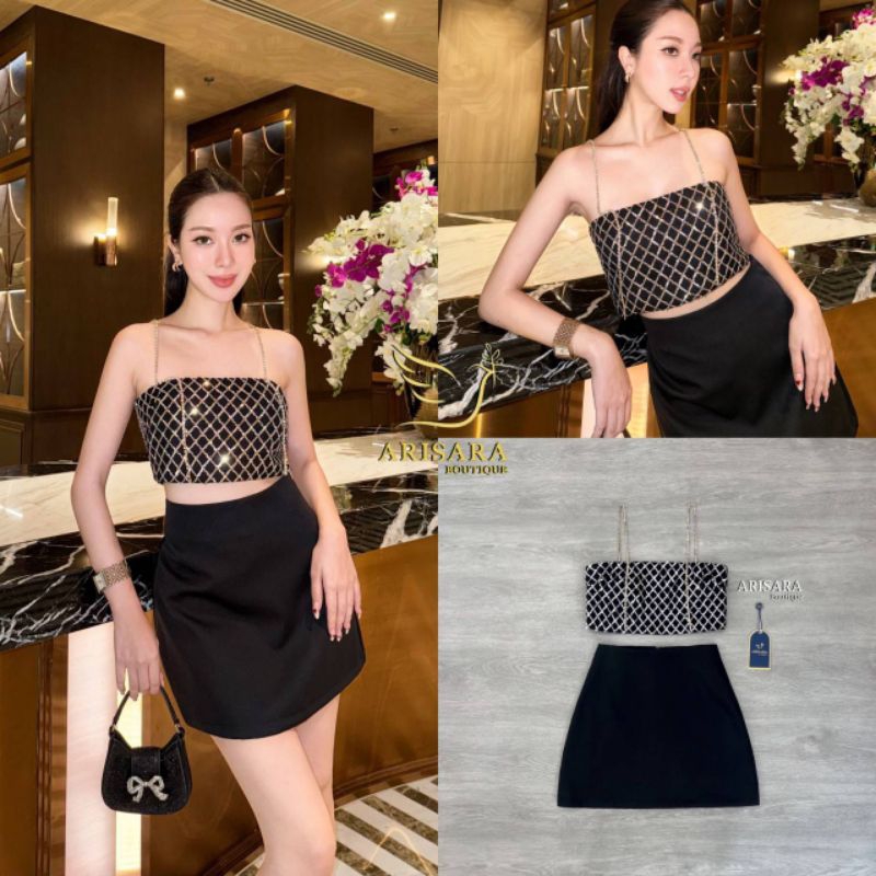Arisara ชุดset 2 ชิ้น เสื้อปักเลื่อมวิบวับ สายเพชร +กระโปรงซับในกางเกง อกเสริมฟองน้ำ มีแถบกันลื่นรอบอก