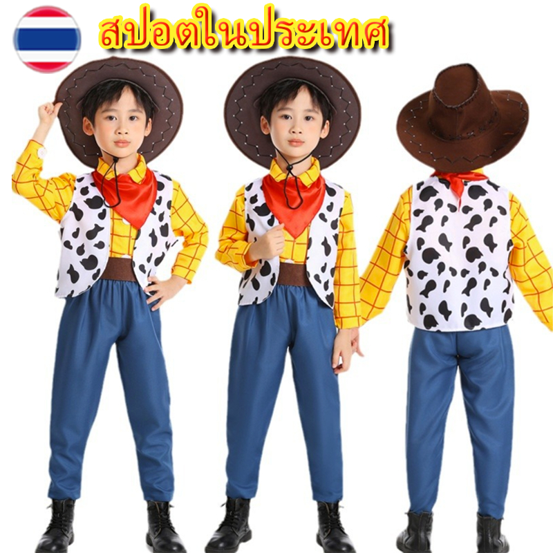 Toy Story Woody คอสเพลย์เครื่องแต่งกายสําหรับเด็กเด็กคาวบอยฮาโลวีน Christmas Party ชุดเสื้อสูทกางเกงเสื้อกั๊กชุดประสิทธิ