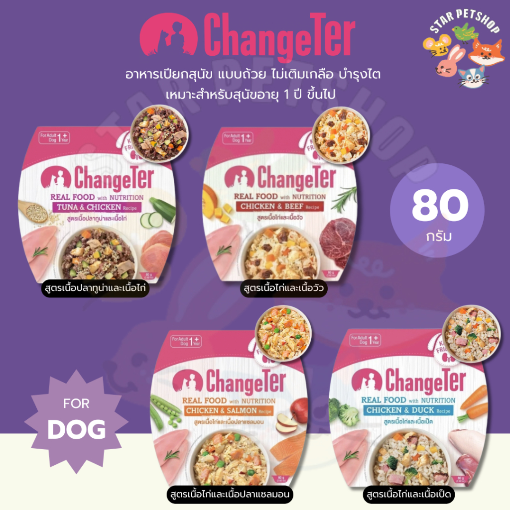 ChangeTer เชนจ์เตอร์ อาหารสุนัขโต เนื้อแท้ แบบถ้วย ขนาด 80 กรัม