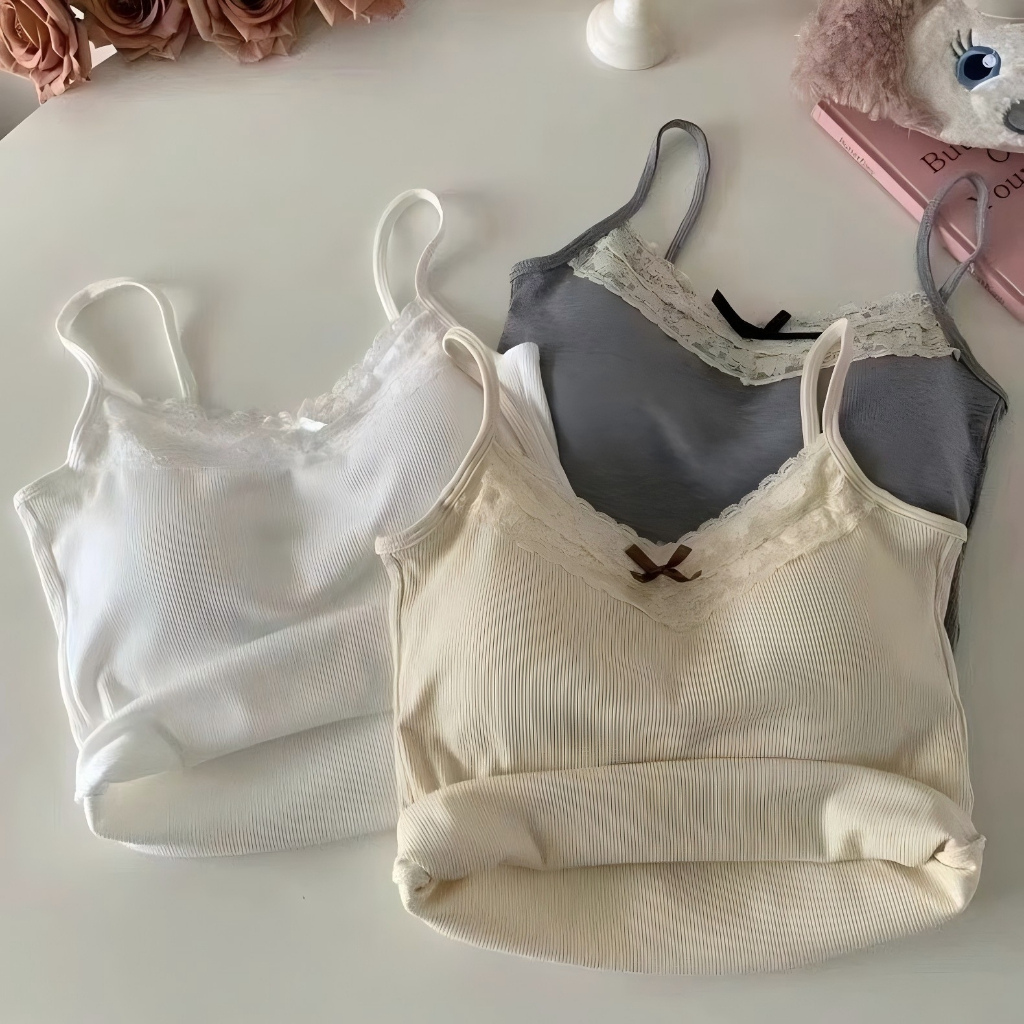 YY58 มาใหม่ เสื้อสายเดี่ยว ดีเทลลายโบว์กลางเสื้อ มินิมอลสไตล์เวียดนาม แต่งตัวง่าย มีฟองน้ำในตัว